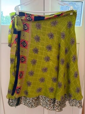Original Sari Wrap Skirt Green Blue Size 8-20 Reversible Tea Length Boho